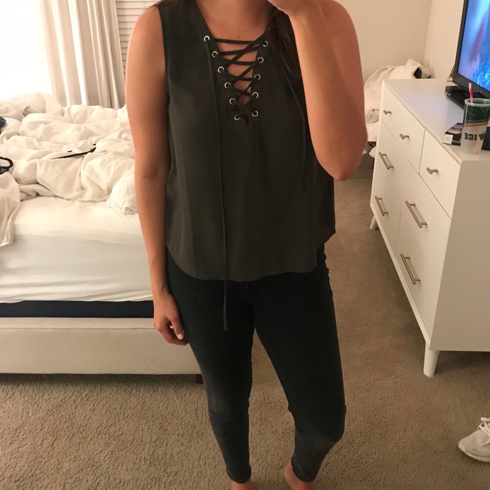 Olive green cross tie tank top